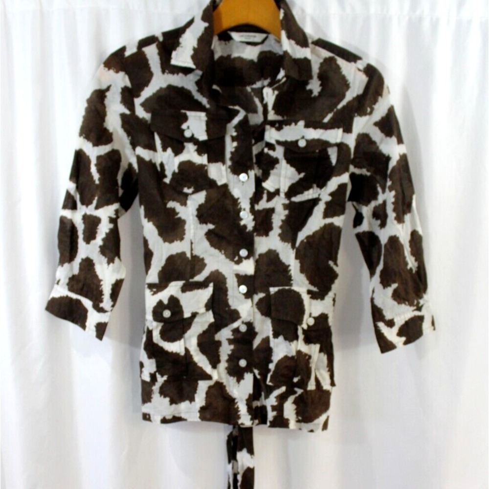 Liz Claiborne Brown White Semi Sheer Cotton Half Sleeve Button Up w Belt PS